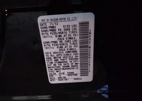 2013 Nissan Murano S from USA, damaged, VIN JN8AZ1MUXDW206110